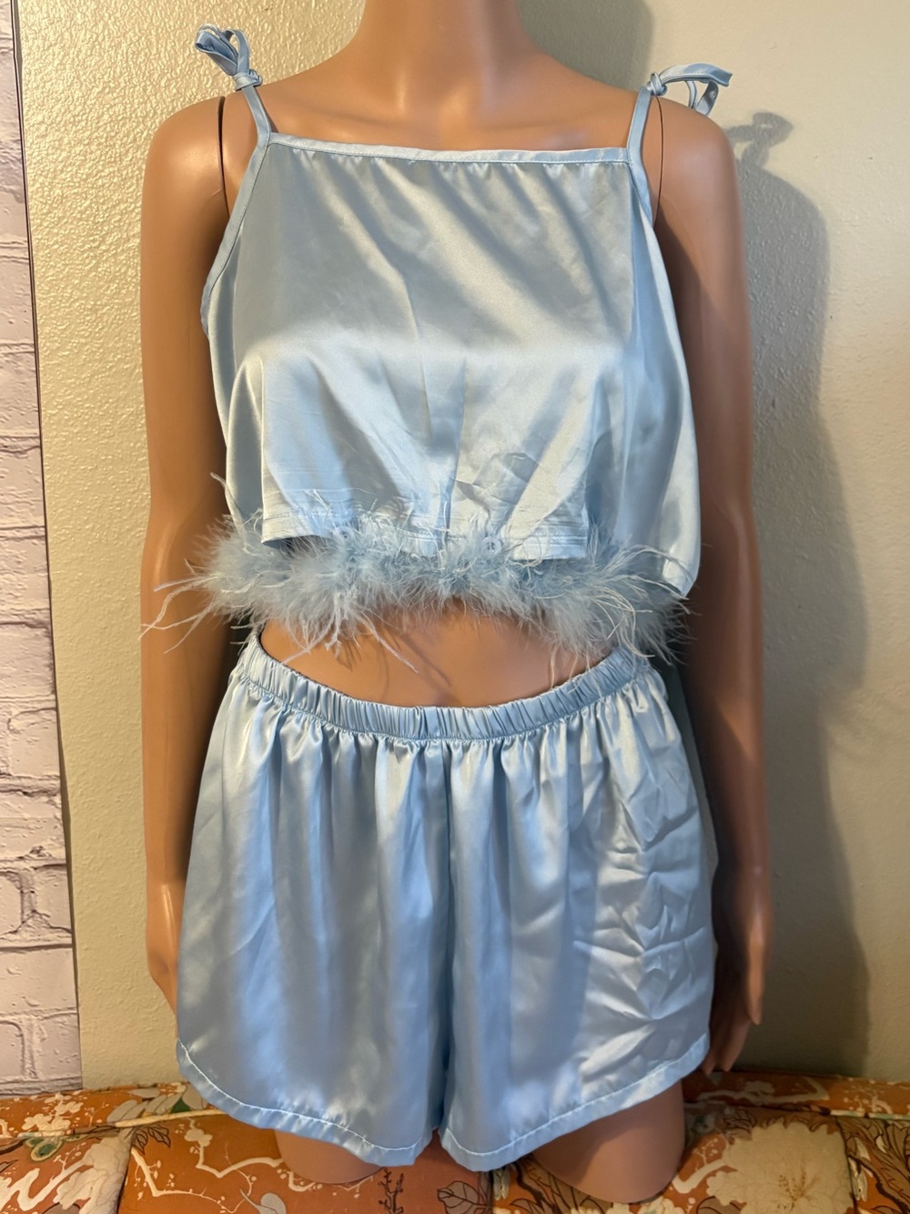 Nasty Gal Baby Blue Satin Boa Trim Pajama Set